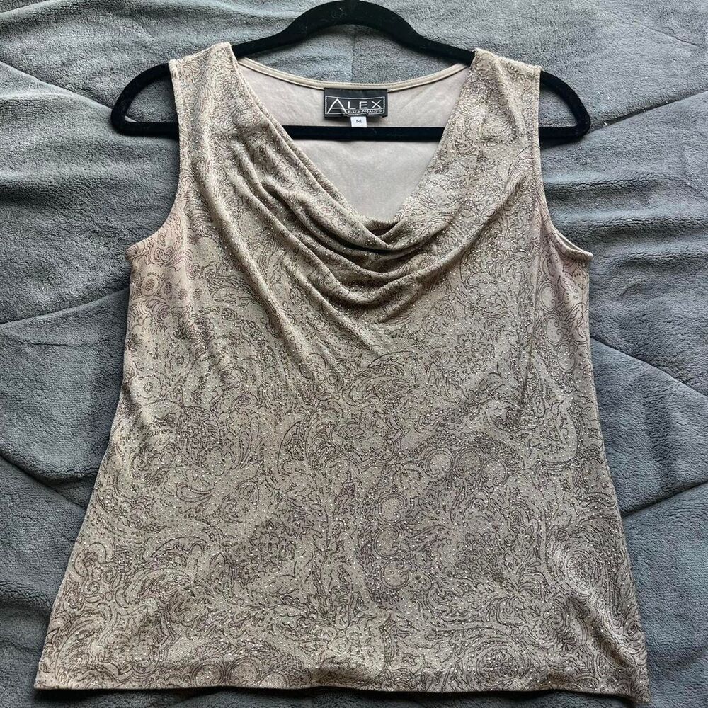 vintage 90s Alex Evenings tan brown sparkly paisley cowl neck top size medium
